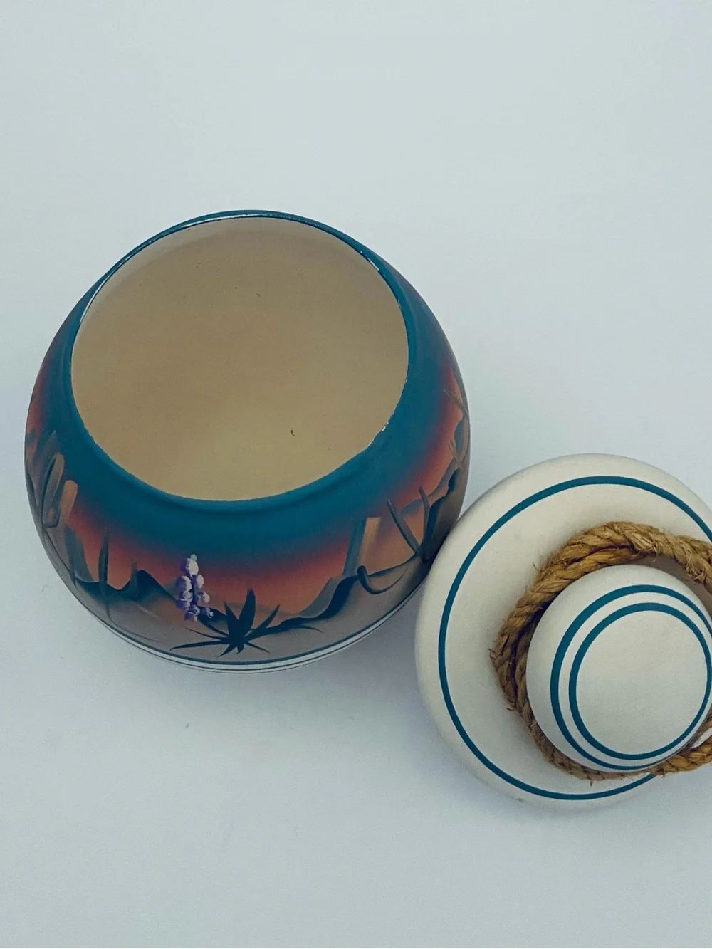 Vintage New West Pottery Hand-painted Lidded Jar Southwestern Desert Sunset 6”